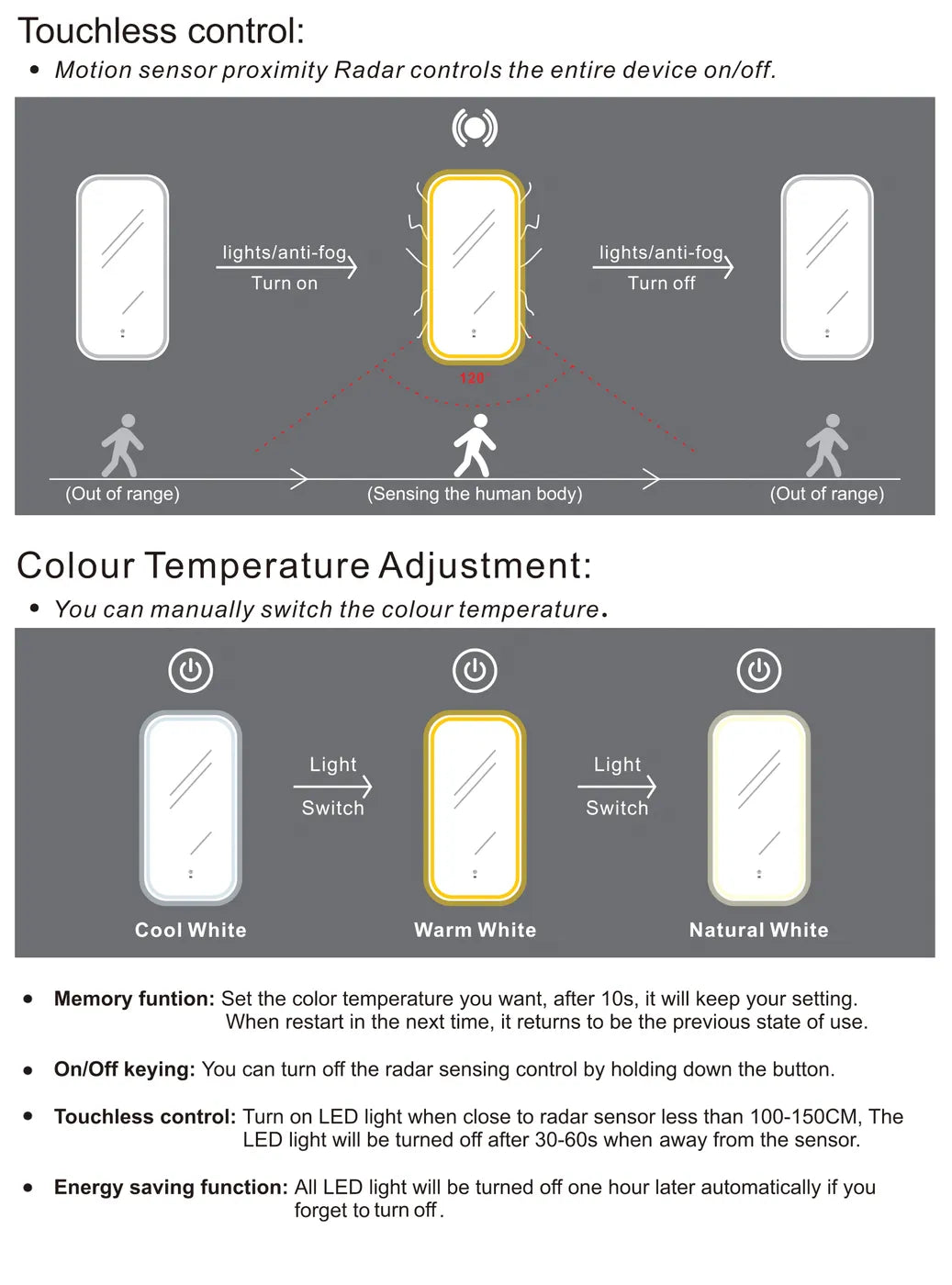 Newport 900x450 Frameless LED Mirror | Adjustable Colour Temperature