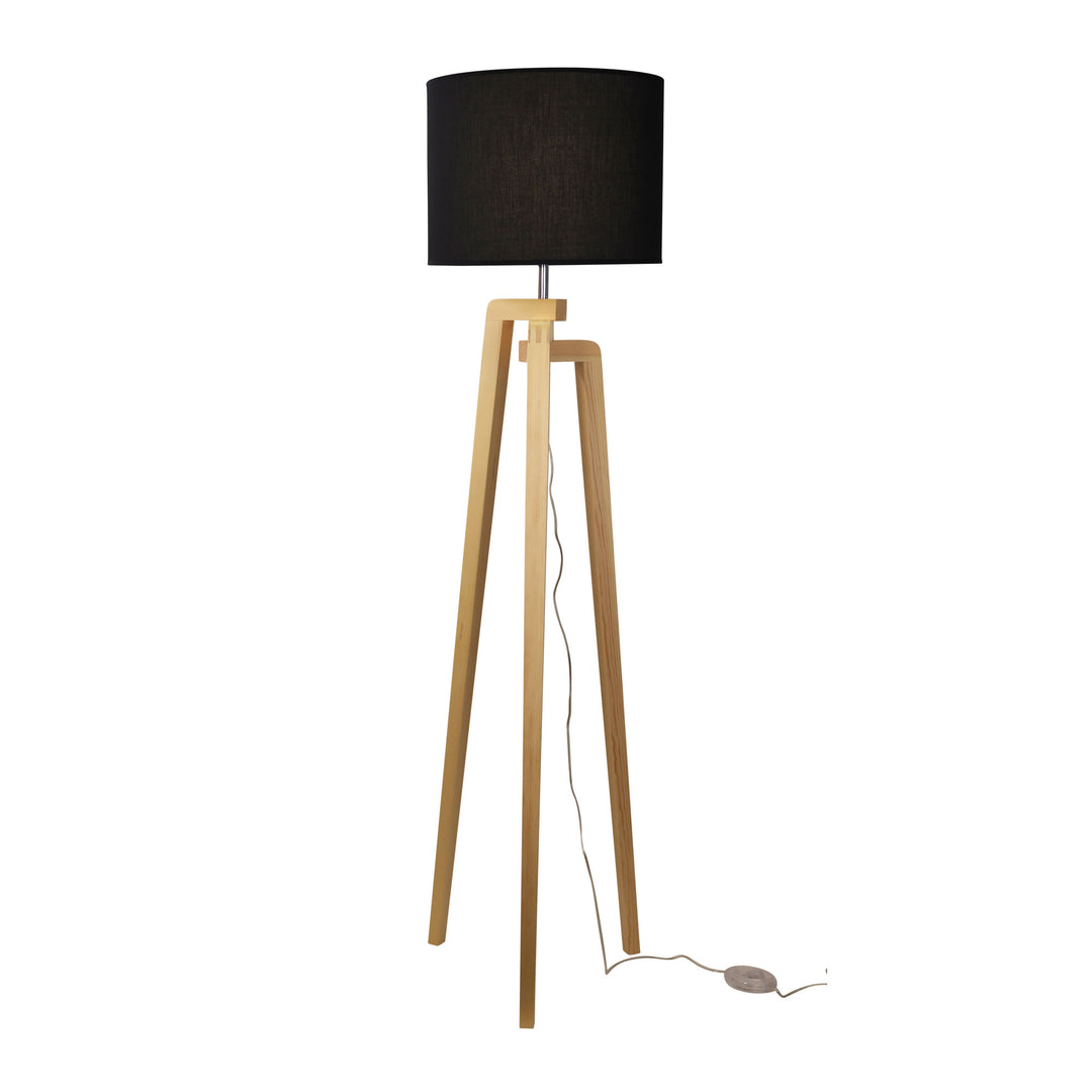 LUND COMPLETE FLOOR LAMP BLACK Scandi Timber Tripod Floor Lamp