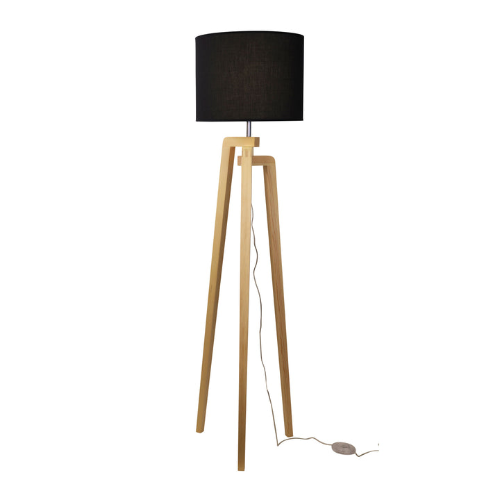LUND COMPLETE FLOOR LAMP BLACK Scandi Timber Tripod Floor Lamp