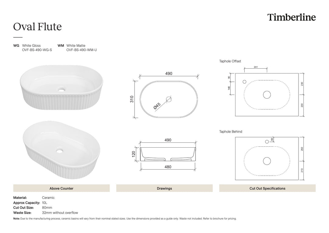 Oval Flute Basin 490mm White Matt Spec Sheet