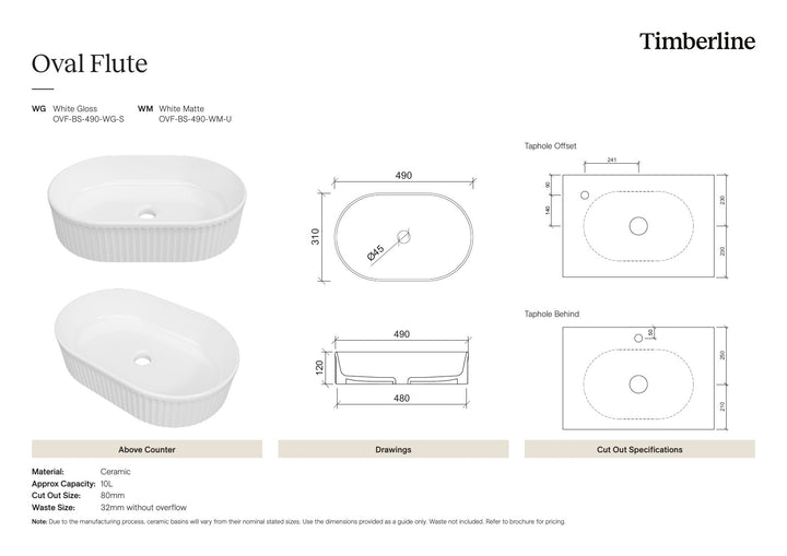 Oval Flute Basin 490mm White Matt Spec Sheet