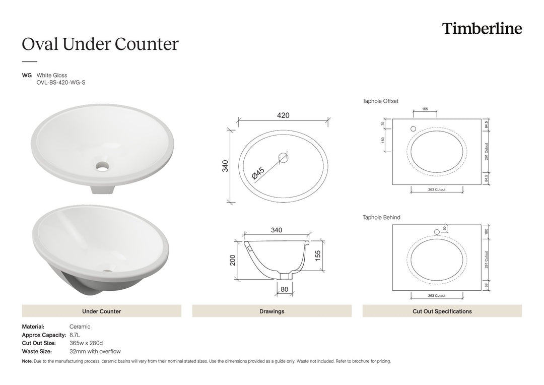 Oval Undermount Basin 420mm White Gloss Spec Sheet