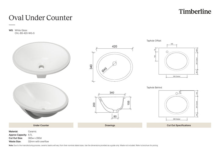 Oval Undermount Basin 420mm White Gloss Spec Sheet