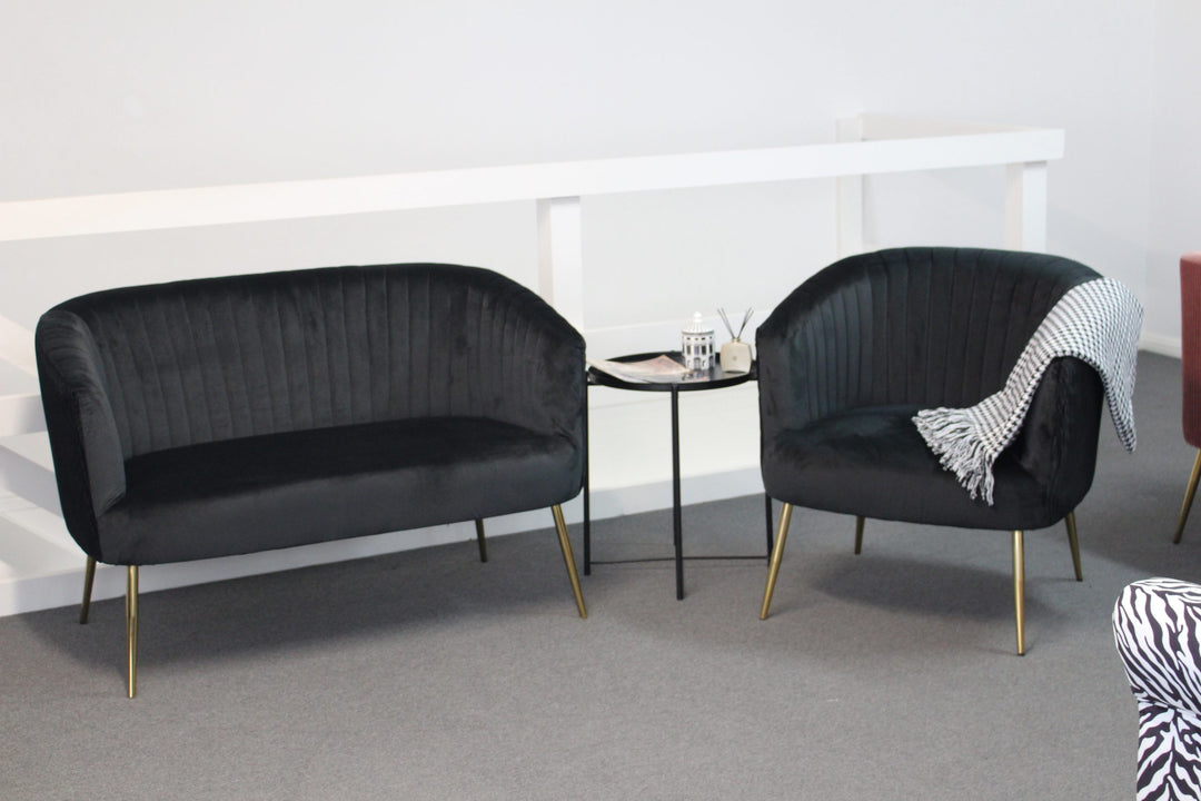 Perla 2 Seater Black velvet fluted back Gold legs