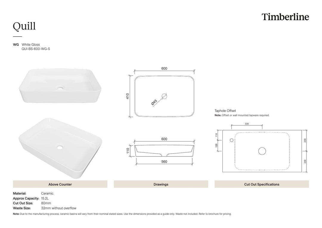 Quill Basin 600mm White Gloss Spec Sheet
