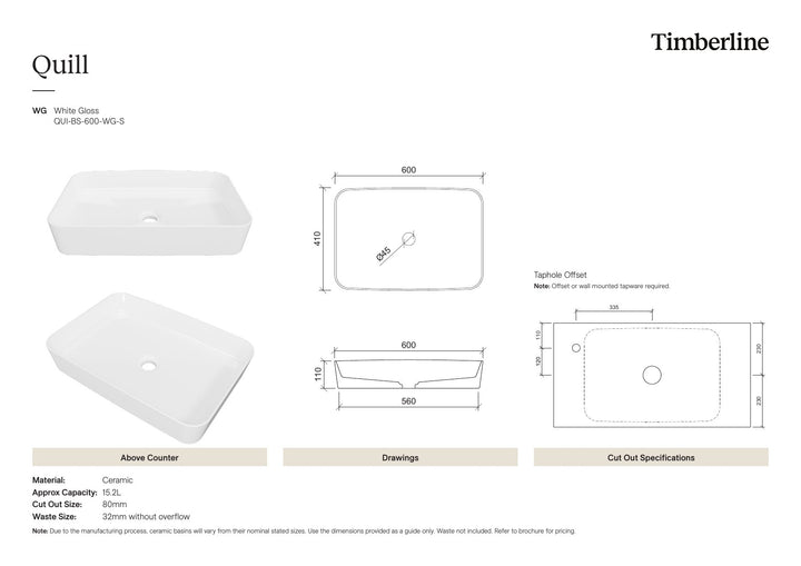 Quill Basin 600mm White Gloss Spec Sheet