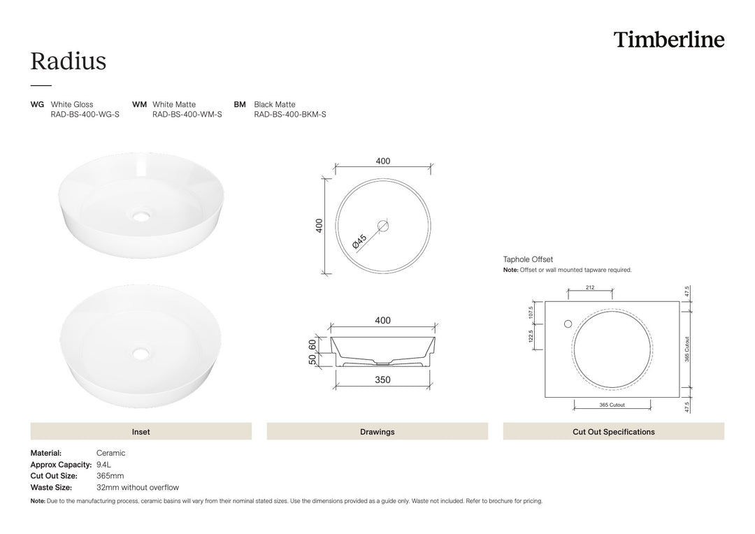 Radius Basin 400mm White Matt Spec Sheet