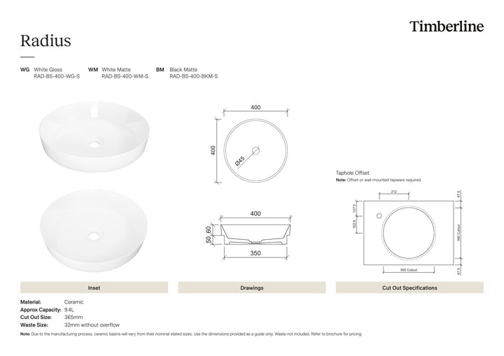 Radius Basin 400mm White Matt Spec Sheet