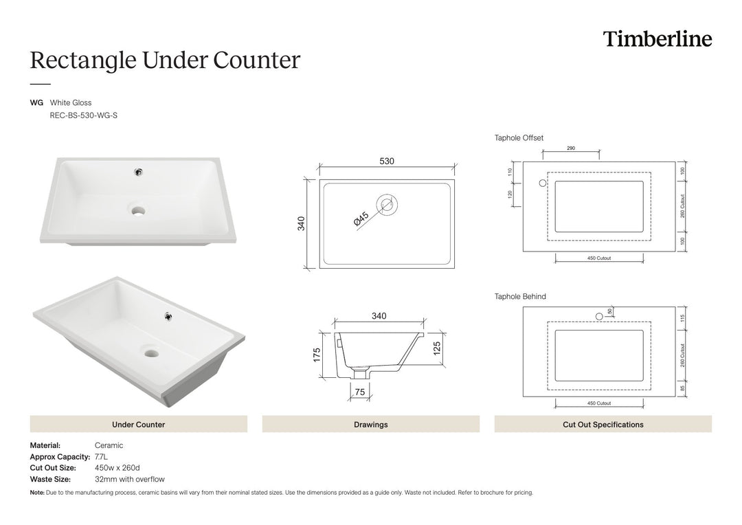Rectangle Undermount Basin 530mm White Gloss Spec Sheet