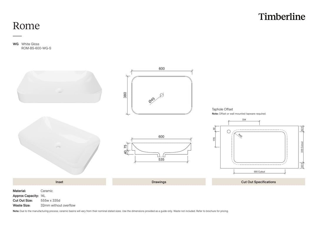 Rome Basin 600mm White Gloss Spec Sheet