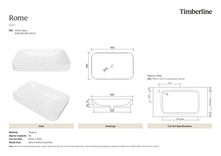 Rome Basin 600mm White Gloss Spec Sheet