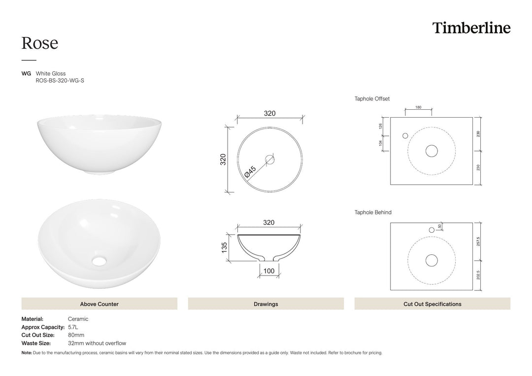Rose Basin 320mm White Gloss Spec Sheet
