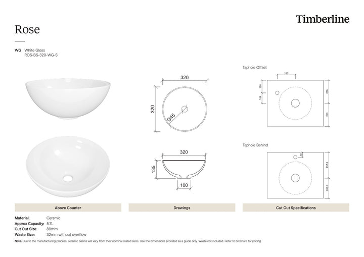 Rose Basin 320mm White Gloss Spec Sheet