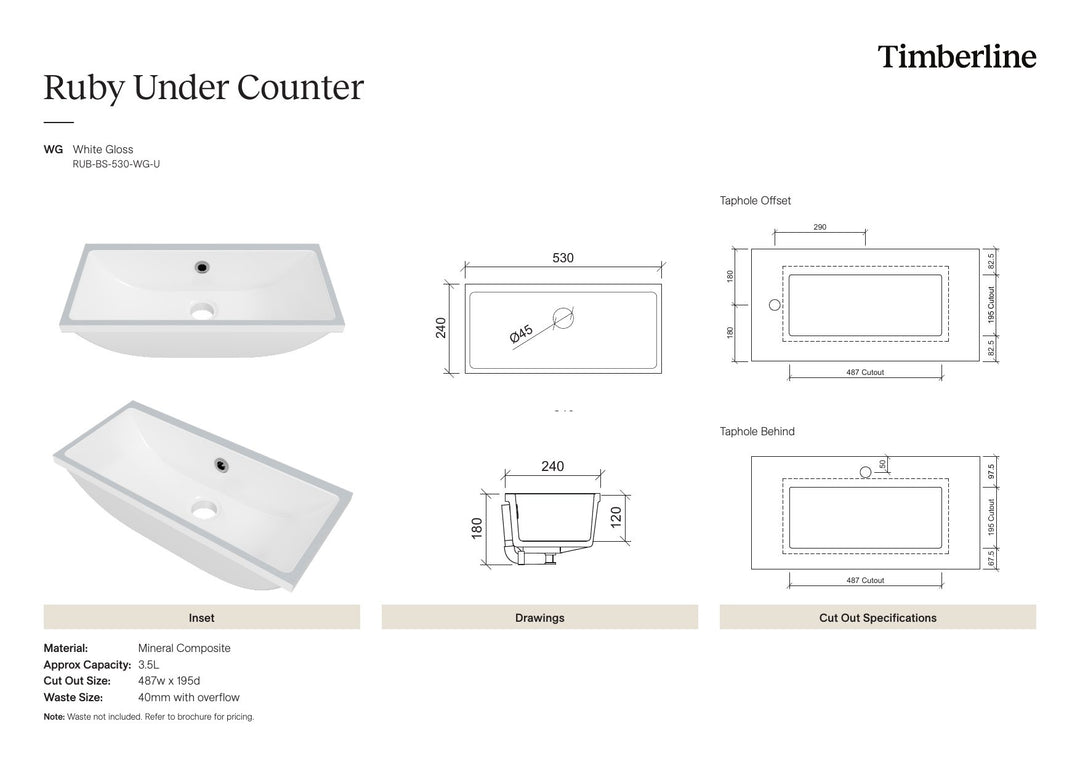 Ruby Undermount Basin 530mm White Gloss Spec Sheet