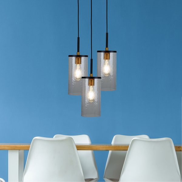 Raymont Multi-Drop Pendant – Black Metal with Aged Brass and Obscure Glass