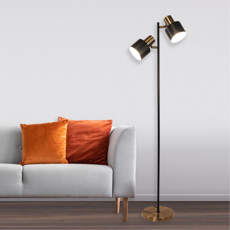 Ari Twin Floor Lamp Black W/Ant Brass Head