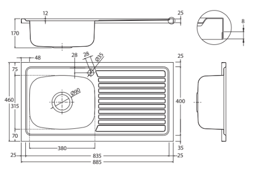 Citi 900 X 460Mm Stainless Sink Only 1 Tap Hole
