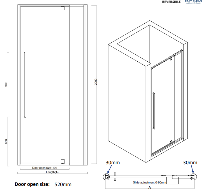 Alpine Pivoting Shower Door 90x200cm Silver