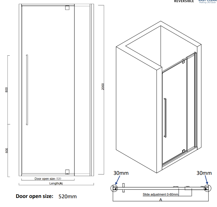 Alpine Pivoting Shower Door 120x200cm Silver