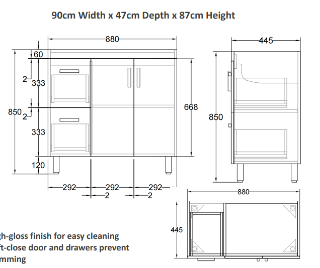 Monica Vanity 90cm PVC Left-Hand Drawers (Cabinet Only)
