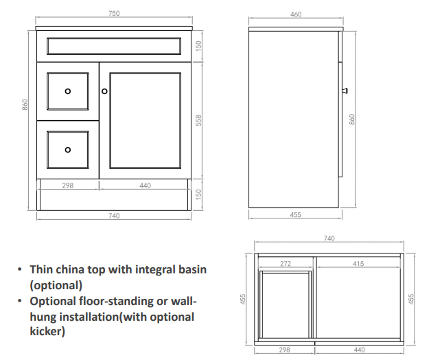 Joyce 75cm Shaker Door Cabinet Only RHD