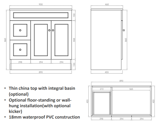 Joyce 90cm Shaker Door Cabinet Only LHD