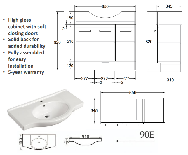 Jessica Semi Recessed Vanity 90cm PVC (Cabinet Only)