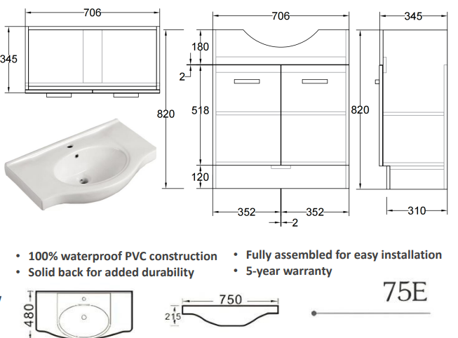 Jessica Semi Recessed Vanity 75cm PVC (Cabinet Only)