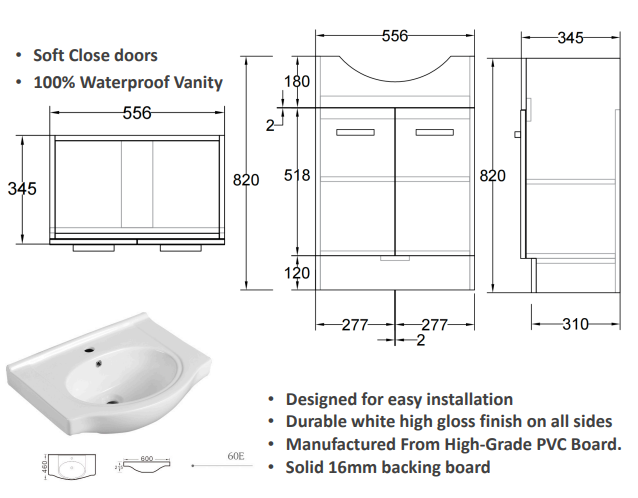 Jessica Semi Recessed Vanity 60cm PVC (Cabinet Only)