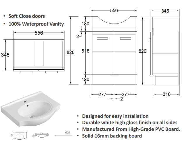 Jessica Semi Recessed Vanity 120cm PVC (Cabinet Only)