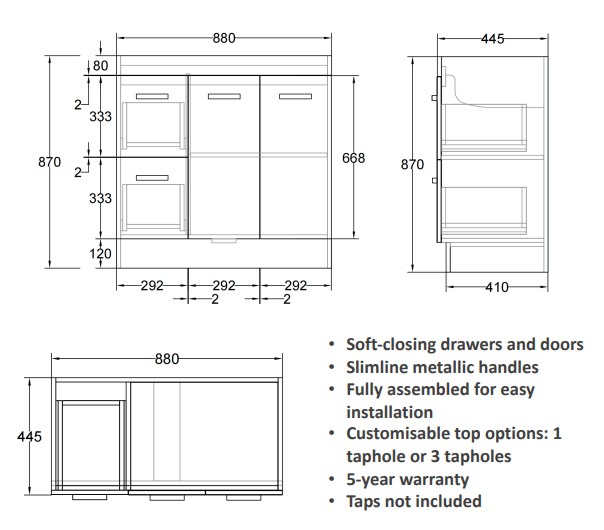 Erin Vanity 90cm PVC Right-hand Drawers (Cabinet Only)