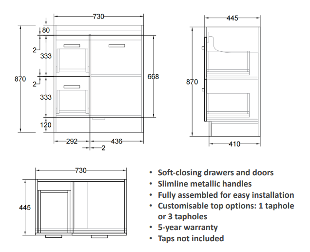 Erin Vanity 75cm PVC Right-hand Drawers (Cabinet Only)