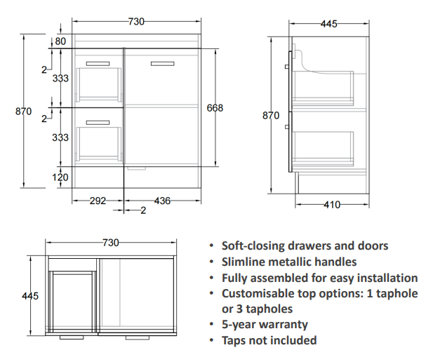 Erin Vanity 75cm PVC Left-hand Drawers (Cabinet Only)