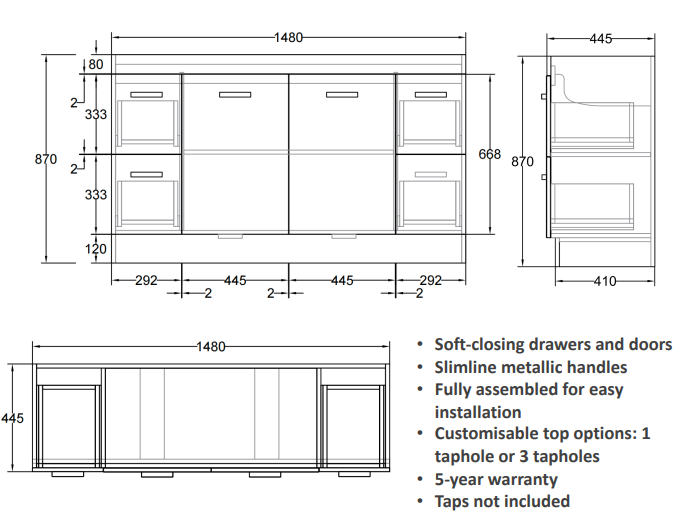 Erin Vanity 150cm PVC (Cabinet Only)