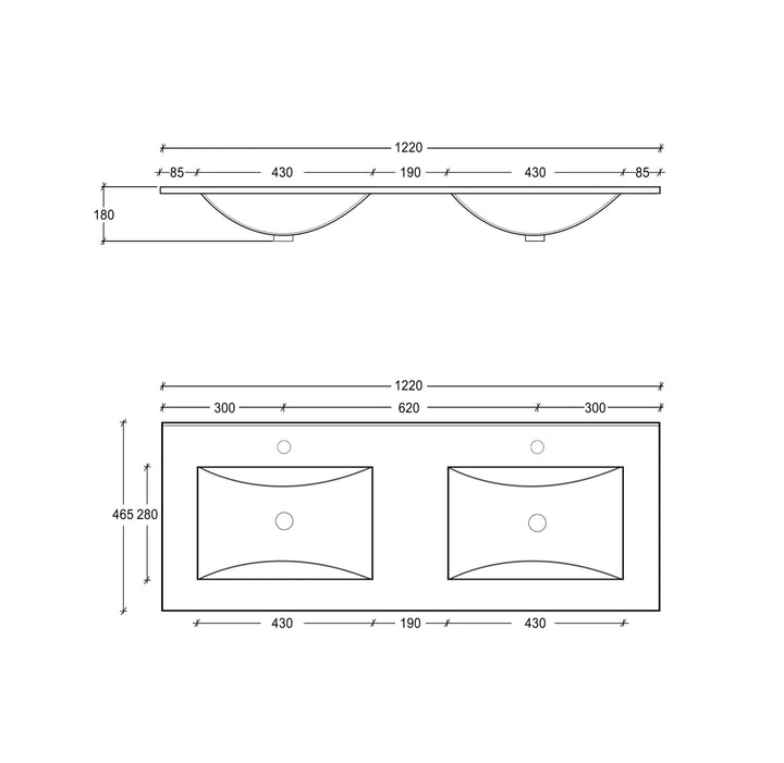 Slim Line Ceramic Top 1200x460x170 Double Bowl with Taphole & Overflow