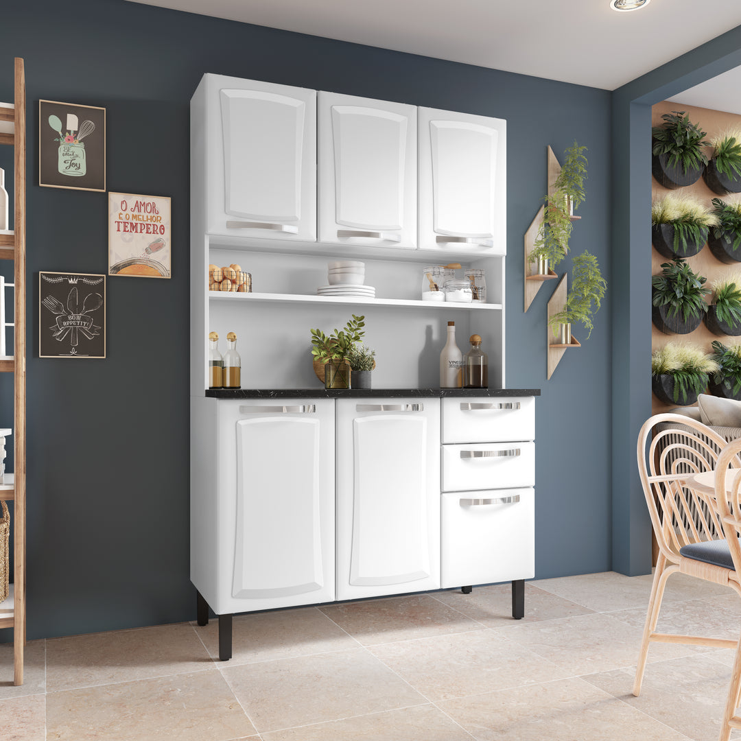 Free Standing Steel Kitchen Cabinet/Cupboard with Countertop Storage - Pratika White Flatpack