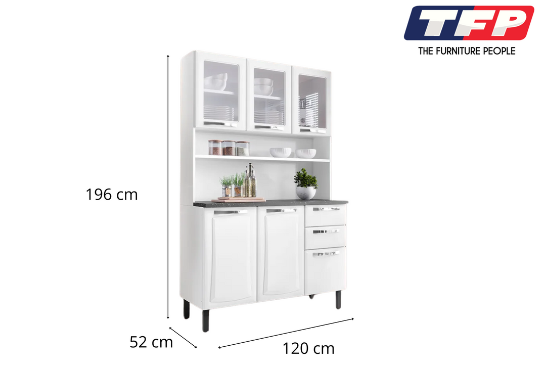 Free Standing Steel Kitchen Cabinet/Cupboard with Countertop Storage - Pratika White Flatpack