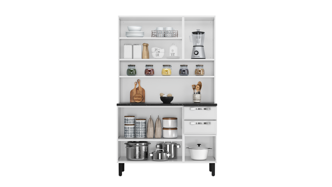 Free Standing Steel Kitchen Cabinet/Cupboard with Countertop Storage - Pratika White Flatpack
