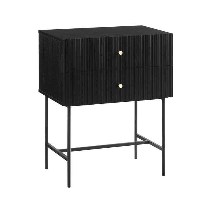Contemporary Arden Slender Fluted 2-Tier Drawer Side Table with Golden Handles