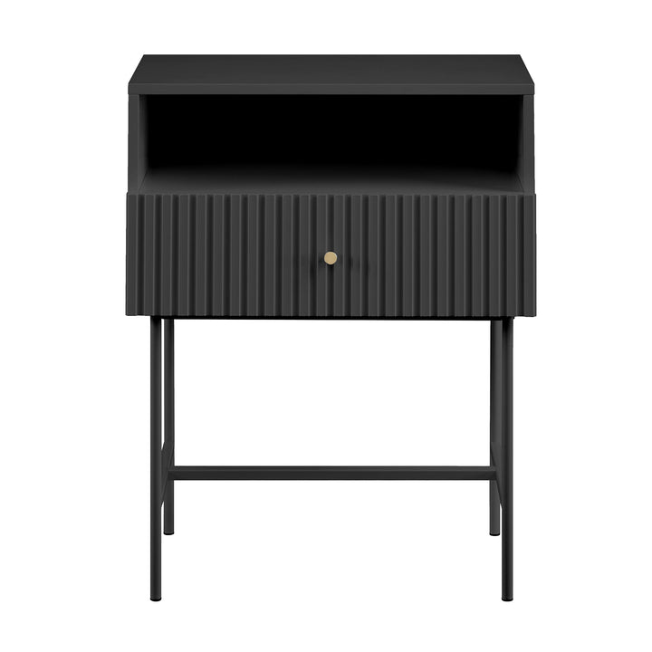 Lucia Slender Fluted Bedside Table in Black - Particle Board Melamine Body - MDF Painted Drawer Front - 13mm Metal Legs