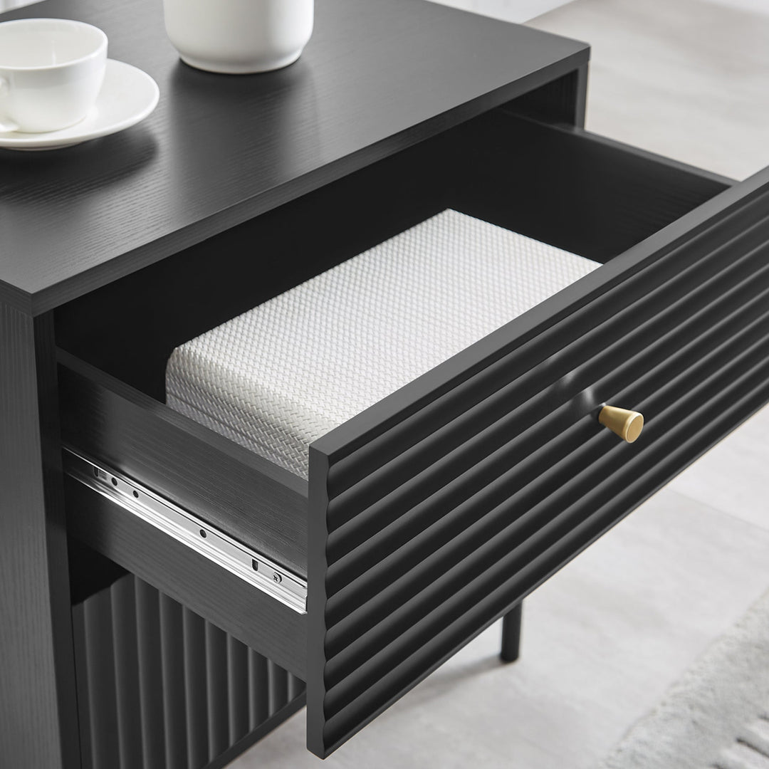 Lisa Wavy Fluted Bedside Table in Black - Particle Board Melamine Body - MDF Painted Drawer Front - Powder Coating Metal Legs