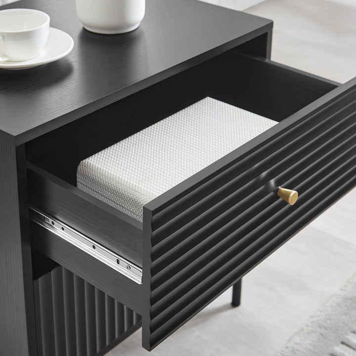 Lisa Wavy Fluted Bedside Table in Black - Particle Board Melamine Body - MDF Painted Drawer Front - Powder Coating Metal Legs