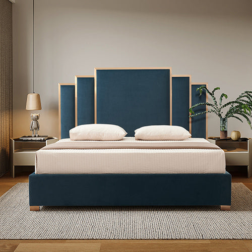 Austin turquoise fabric bed frame with padded upholstery, polished finish, and slatted base – Pilbara Bathroom Warehouse Perth and regional Western Australia