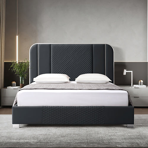 Halcyon bed frame with air leather padded upholstery, high-quality slats, and polished stainless steel feet – Pilbara Bathroom Warehouse Perth and regional Western Australia
