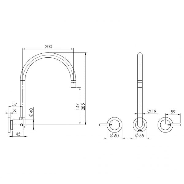 Vivid Pin Lever Wall Sink Set 200mm Gooseneck