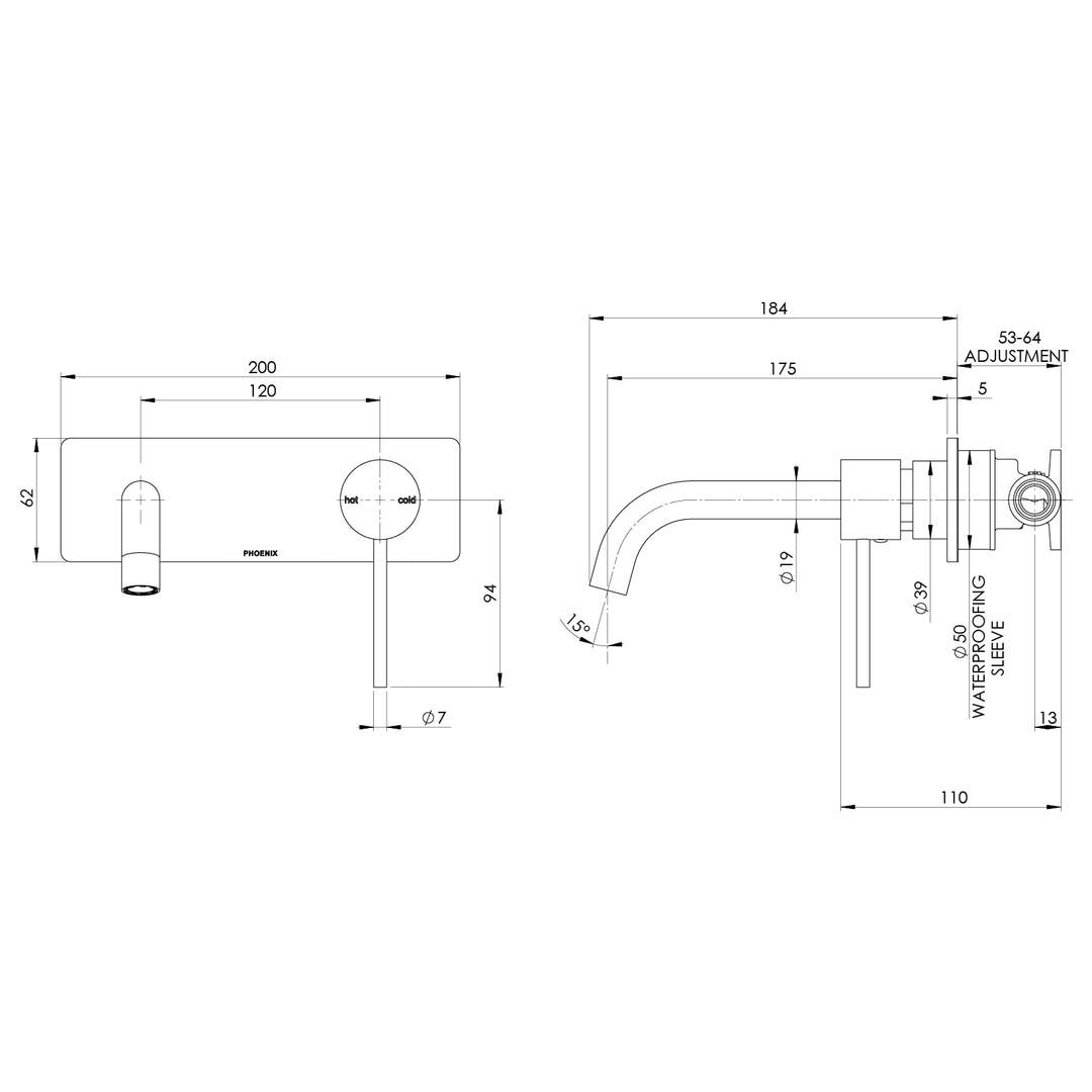 Vivid Slimline SwitchMix Wall Basin / Bath Mixer Set 180mm Fit-Off Kit