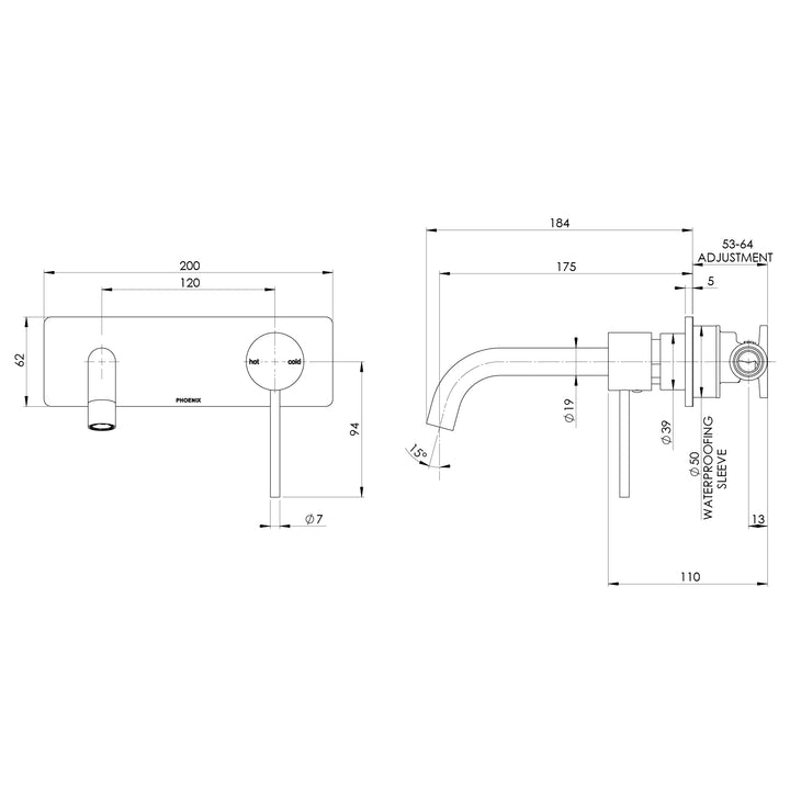 Vivid Slimline SwitchMix Wall Basin / Bath Mixer Set 180mm Fit-Off Kit