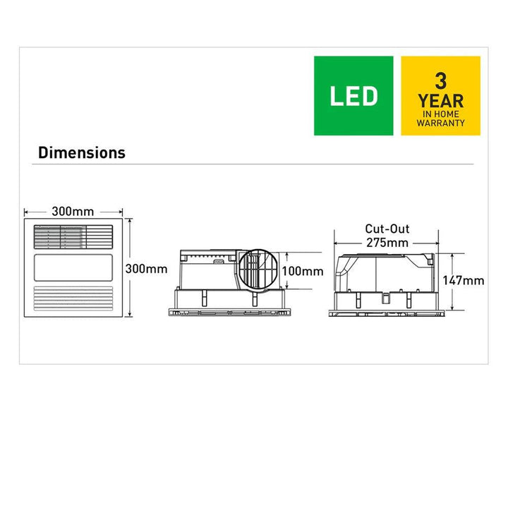 240m³/hr Mercury Lite 3-in-1 Bathroom Heater with Exhaust Fan and CCT LED Light