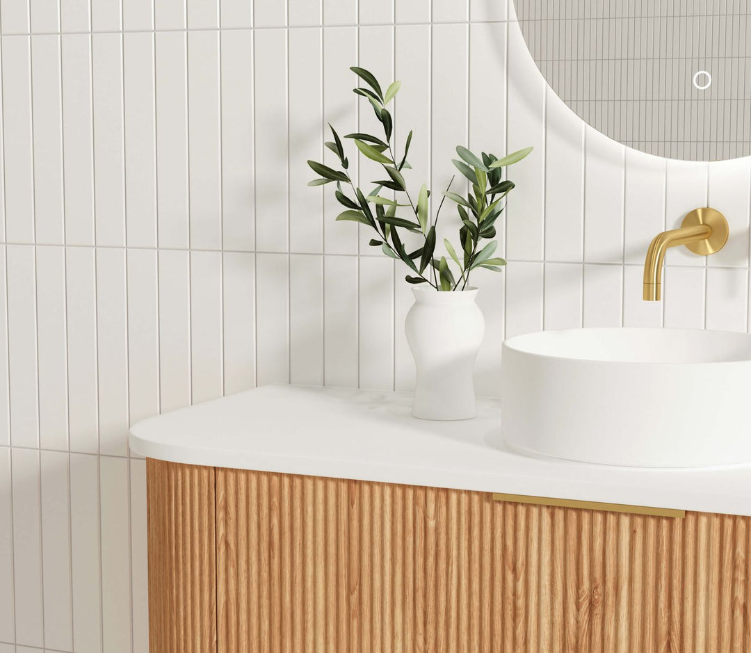 Bondi Fluted 1200mm Woodland Oak Fluted Curve Vanity with Sand Dune Top