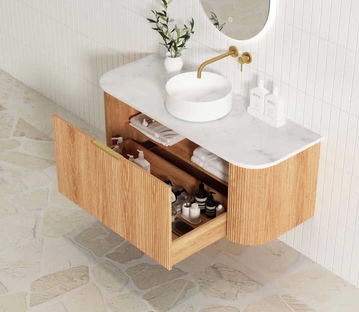 Bondi Fluted 1200mm Woodland Oak Fluted Curve Vanity with Sand Dune Top